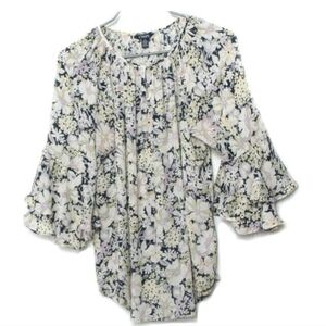 Chaps Ralph Lauren Cream & Blue Ruffled Bell Sleeve Blouse Small/Medium NWT
